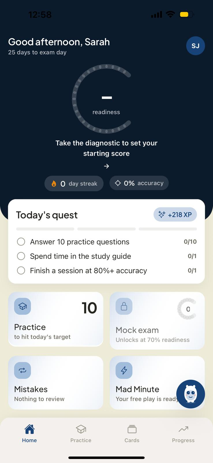 ASWB app home screen with readiness ring and today's quest