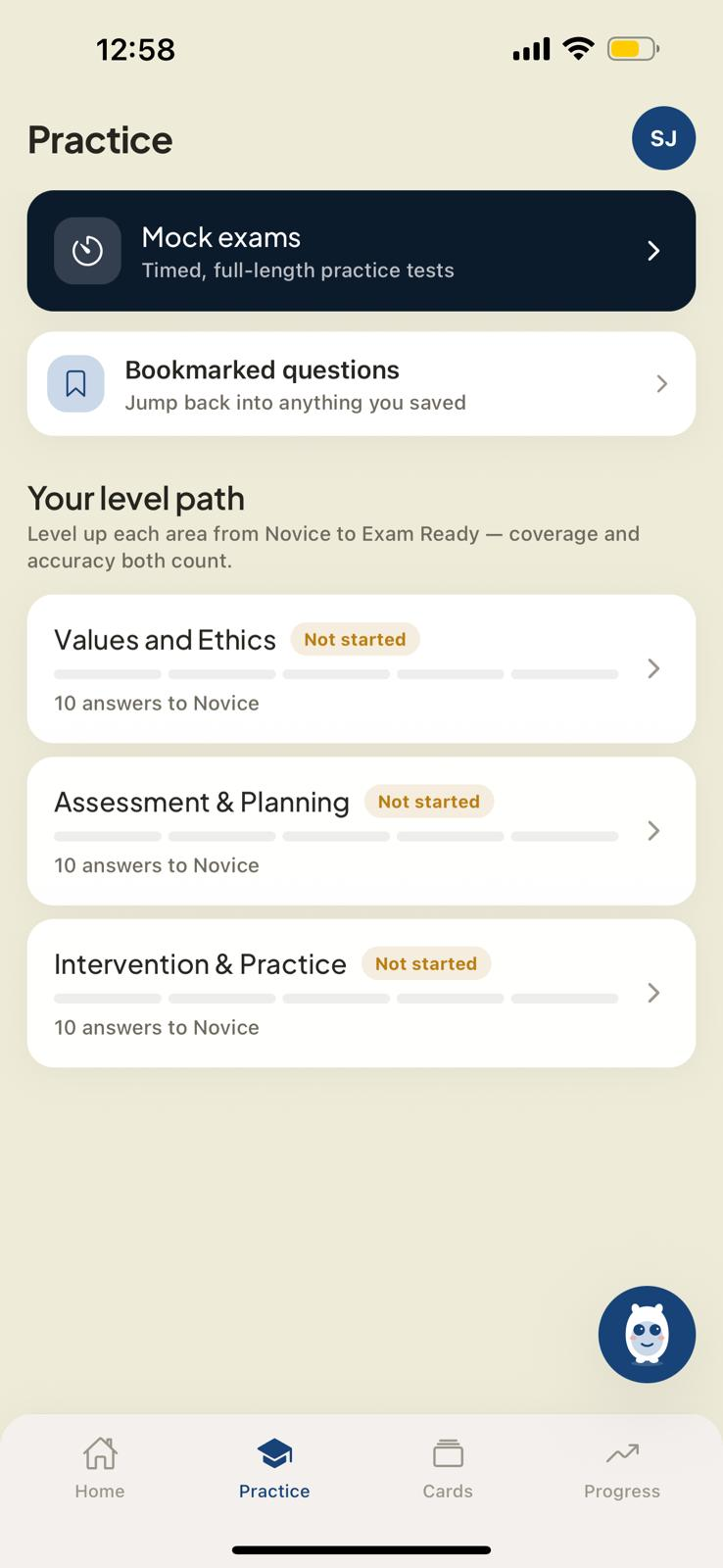 Practice by topic — the ASWB level path from Novice to Exam Ready