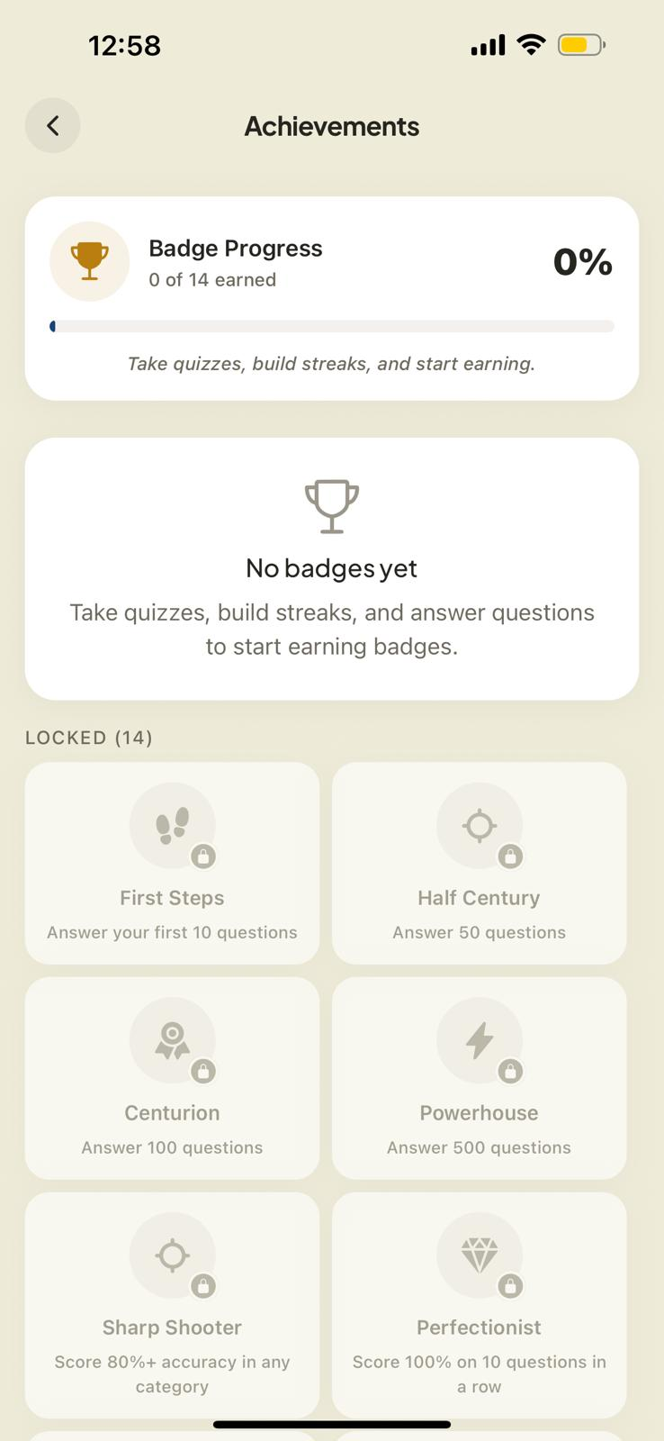 ASWB achievements screen with badge progress