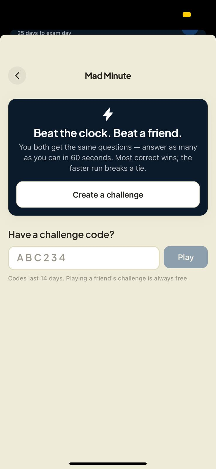 Mad Minute lobby — beat the clock and create a challenge